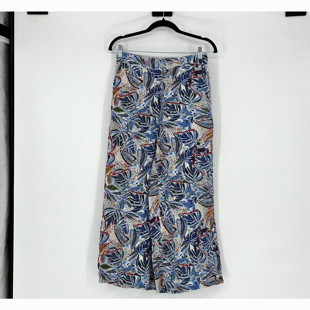 C&C California Blue Tropical Print Linen Wide Leg Cropped Pants - Size S